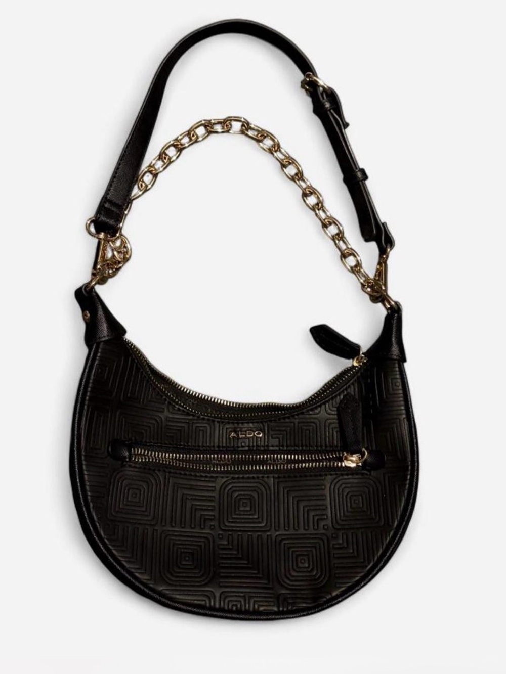 Aldo Black Crescent Shoulder Bag with Gold Chain Accent